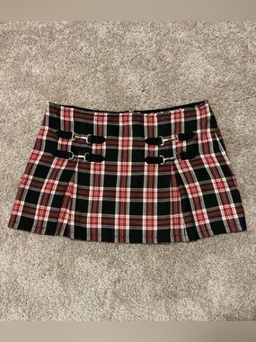 Vintage Y2K Tripp USA Red Plaid Pleated Mini Skirt-Buckles, Punk, Emo, Goth, Sk8